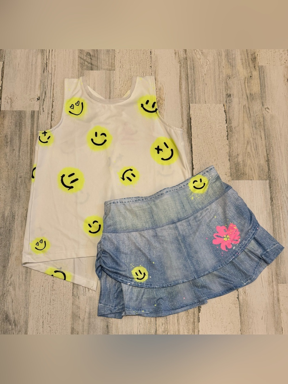 Kids Lucky in Love 2 pc. Smiley Neon Tie Back Vibrant Faux Denim Skort Set L 14